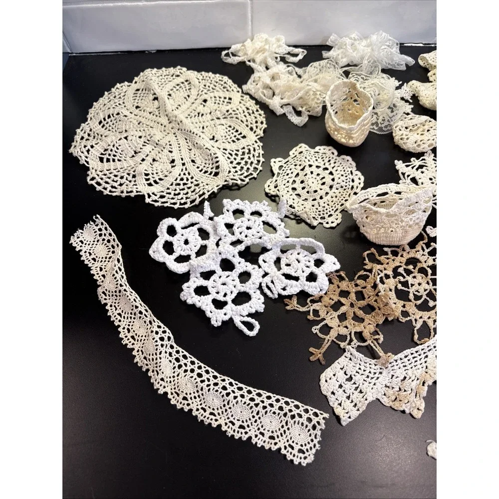 20 Hand Crochet Doilies Cotton Crocheted Lace Vintage Lace Ornaments Estate Find
